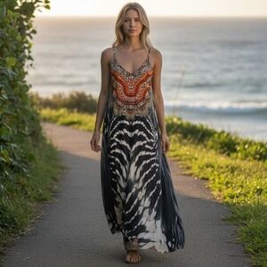 True Colours Dress Womens Large Multicolor Animal Print Boho Maxi Slip Strappy
